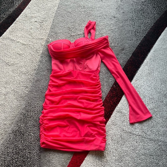 Oh Polly One For You Coral Mesh Off Shoulder Bodycon Mini Dress - Picture 2 of 4